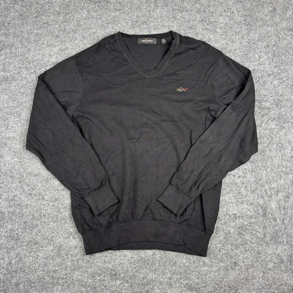 Greg Norman Sweater Mens XL Black Cotton V-Neck Classic Fit Shark Logo Pullover